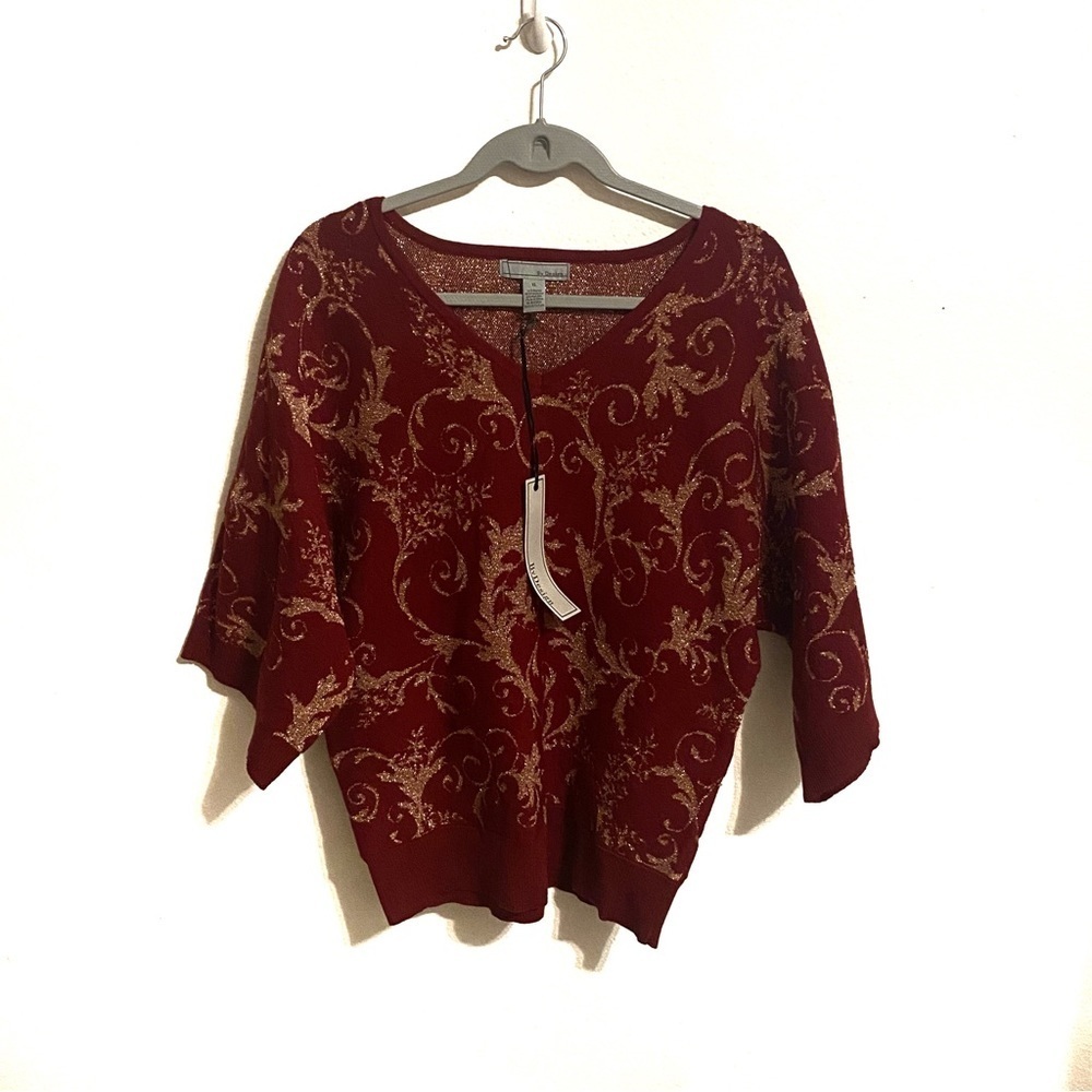 By Design NWT Women’s Holiday Work Party Print Burgundy Gold Sweater Sz XL
